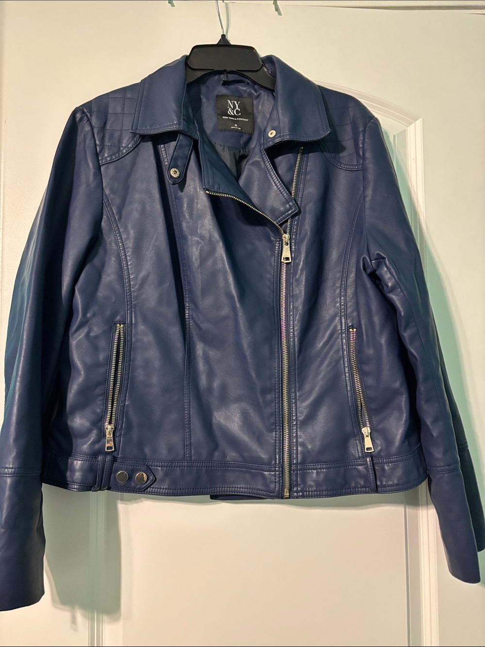 New York & Company Navy Faux Leather Moto Jacket